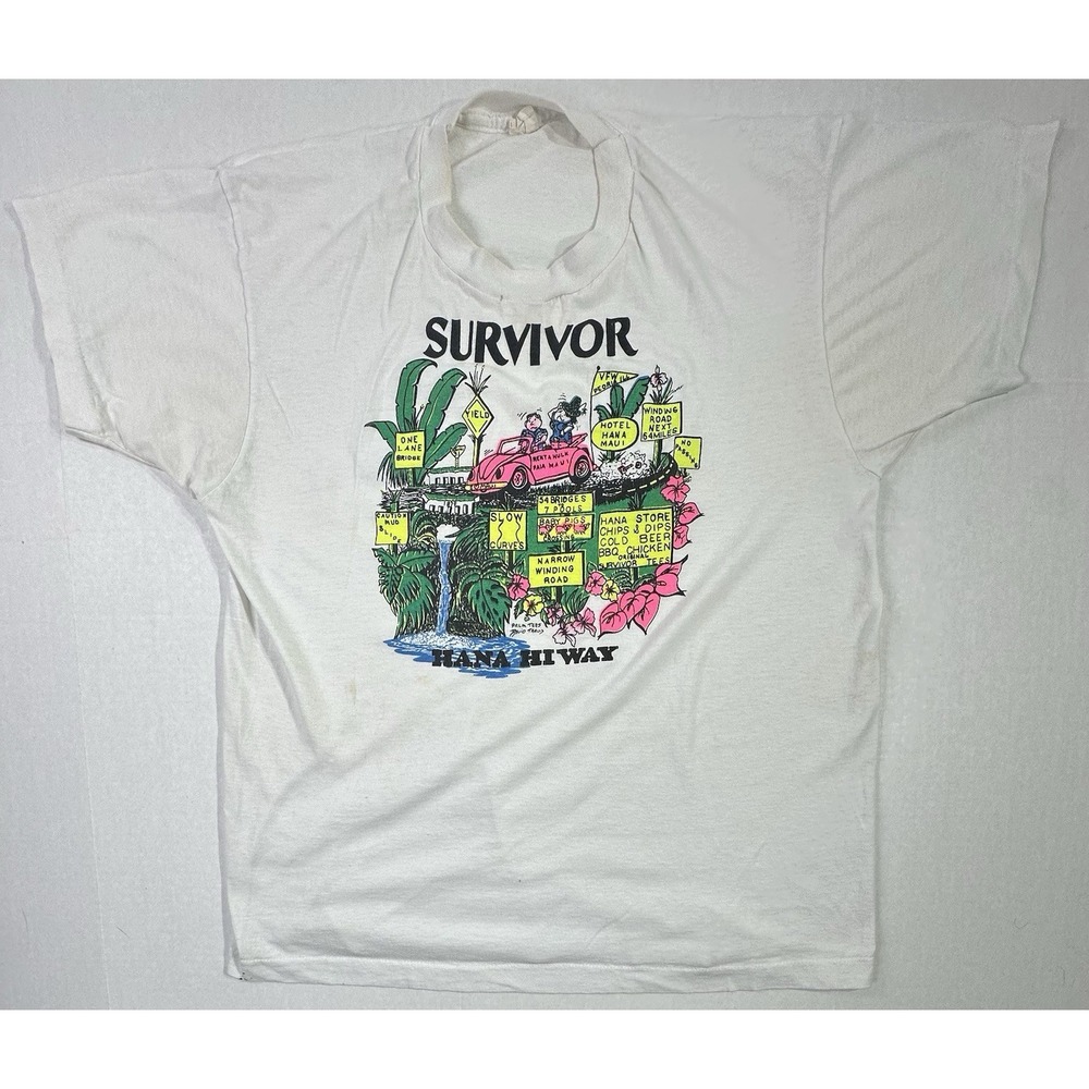 Vintage Hana Hi Way Survivor Hawaii T-Shirt 80s 90s Palm Tees Maui Tourist Tee